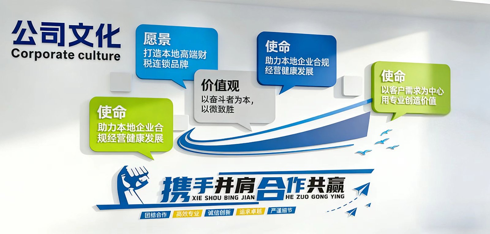 德胜财税企业文化墙：使命、愿景、价值观、经营理念，携手并肩 合作共赢